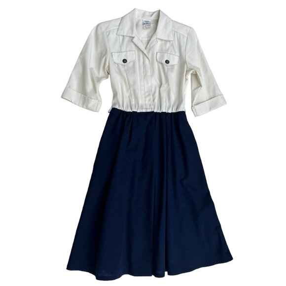 Vintage WILLI White Navy Blue SHIRT DRESS SZ 6  3/4 Sleeve Collar 70's/ 80's - Picture 1 of 7